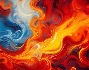 Obraz premium Vivid red and yellow abstract swirls resembling molten lava with blue and white cloud-like textures. 