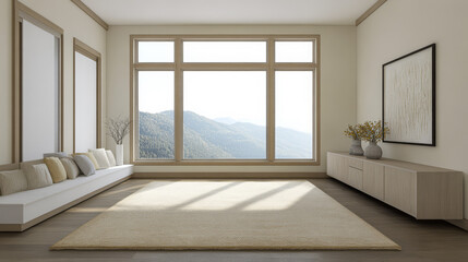 Obraz premium Modern interior design featuring large windows and mountain view in a spacious living area