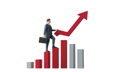 3d business man climbing on upward graph bar with red arrow