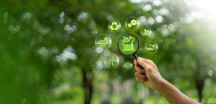 CO2 reduction symbol, climate change limiting global warming, sustainable development, green business and icons for ESG, CO2 and Net Zero