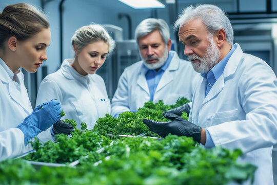 Diverse scientists collaborating on eco-innovation in a research hub. Generative AI