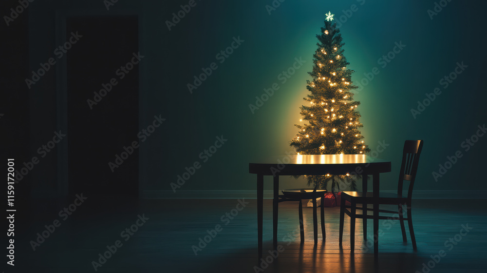 Poster serene christmas scene featuring softly illuminated table and decorated tree, creating warm and invi