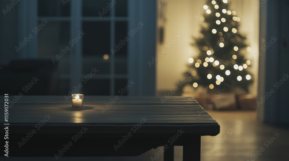 Aufkleber serene, empty christmas table with softly illuminated candle, creating warm atmosphere. in backgroun