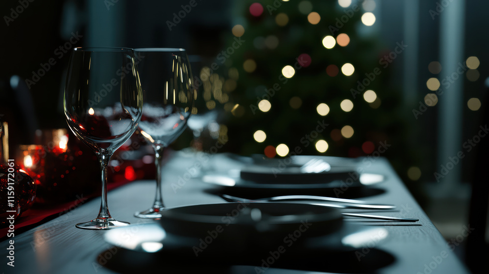 Poster sophisticated empty christmas table setting with elegant glassware and festive decor. warm glow of c