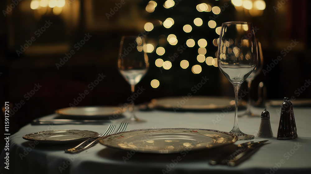 Poster Sophisticated empty Christmas table setting with elegant glassware and soft lighting, creating warm and inviting atmosphere for festive gatherings
