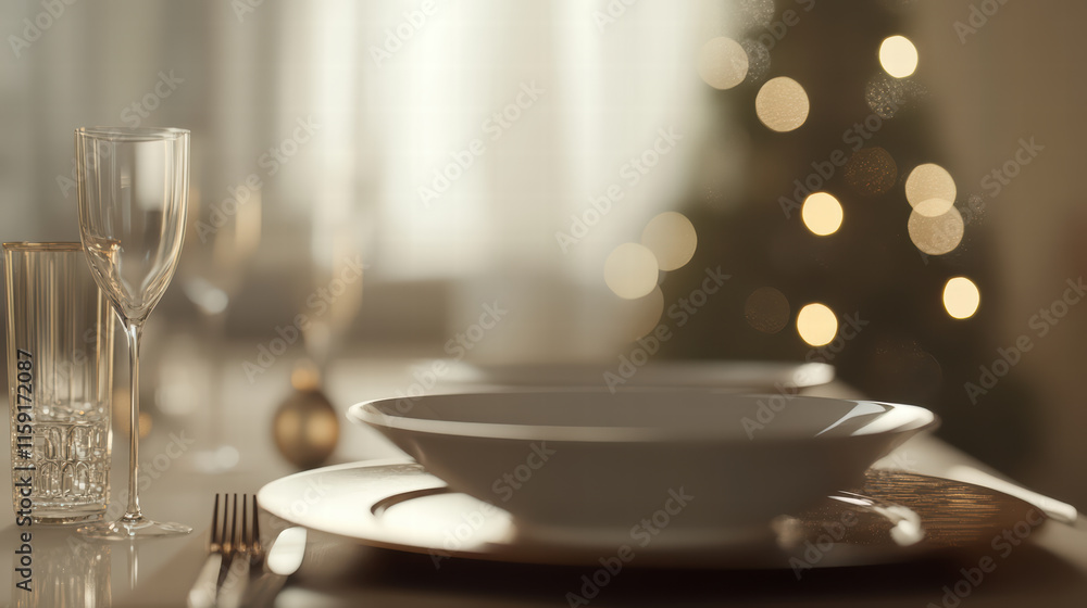 Poster sophisticated empty christmas table setting with elegant plates and glasses, creating warm and invit