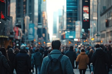 Crowd walking down a busy city street, telephoto lens, realistic daylight. Background AI generated image