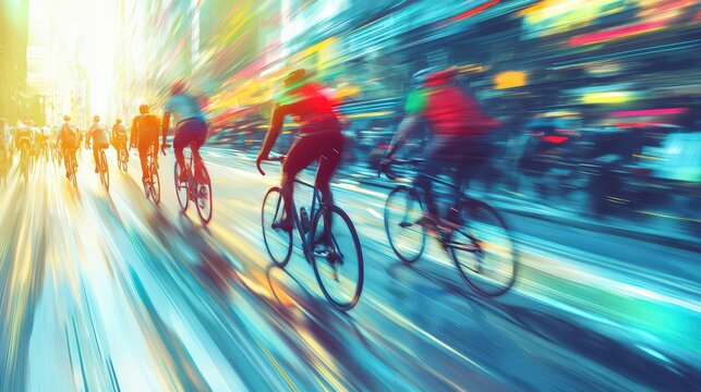 Cyclists racing through an urban street at sunset with motion blur, capturing dynamic energy, vibrant cityscapes, and the thrill of outdoor activity.
