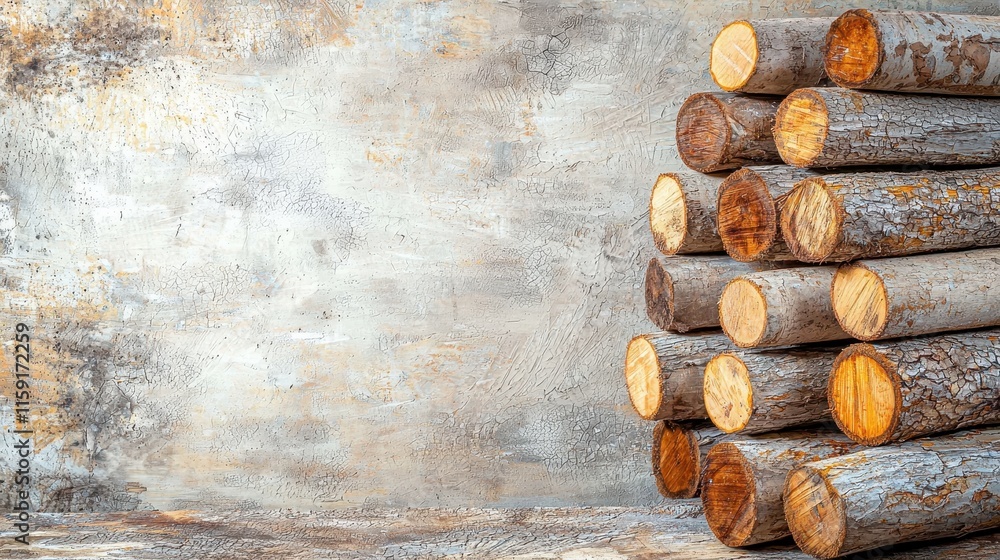 Poster piled logs with natural texture against a rustic background for design and construction projects