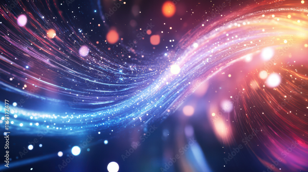 Poster vibrant abstract background featuring swirling light trails and glowing particles, creating sense of