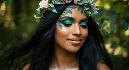 Naklejka premium Ethereal beauty portrait of young african female with floral headpiece in forest setting