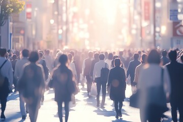 Obraz premium Crowd walking down a busy city street, telephoto lens, realistic daylight. Background AI generated image