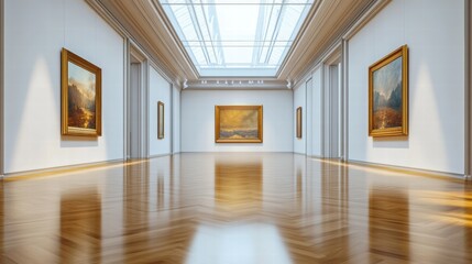 Obraz premium Luxurious art gallery showcasing exquisite paintings in a well lit, elegant space with polished wooden floors. Generative AI