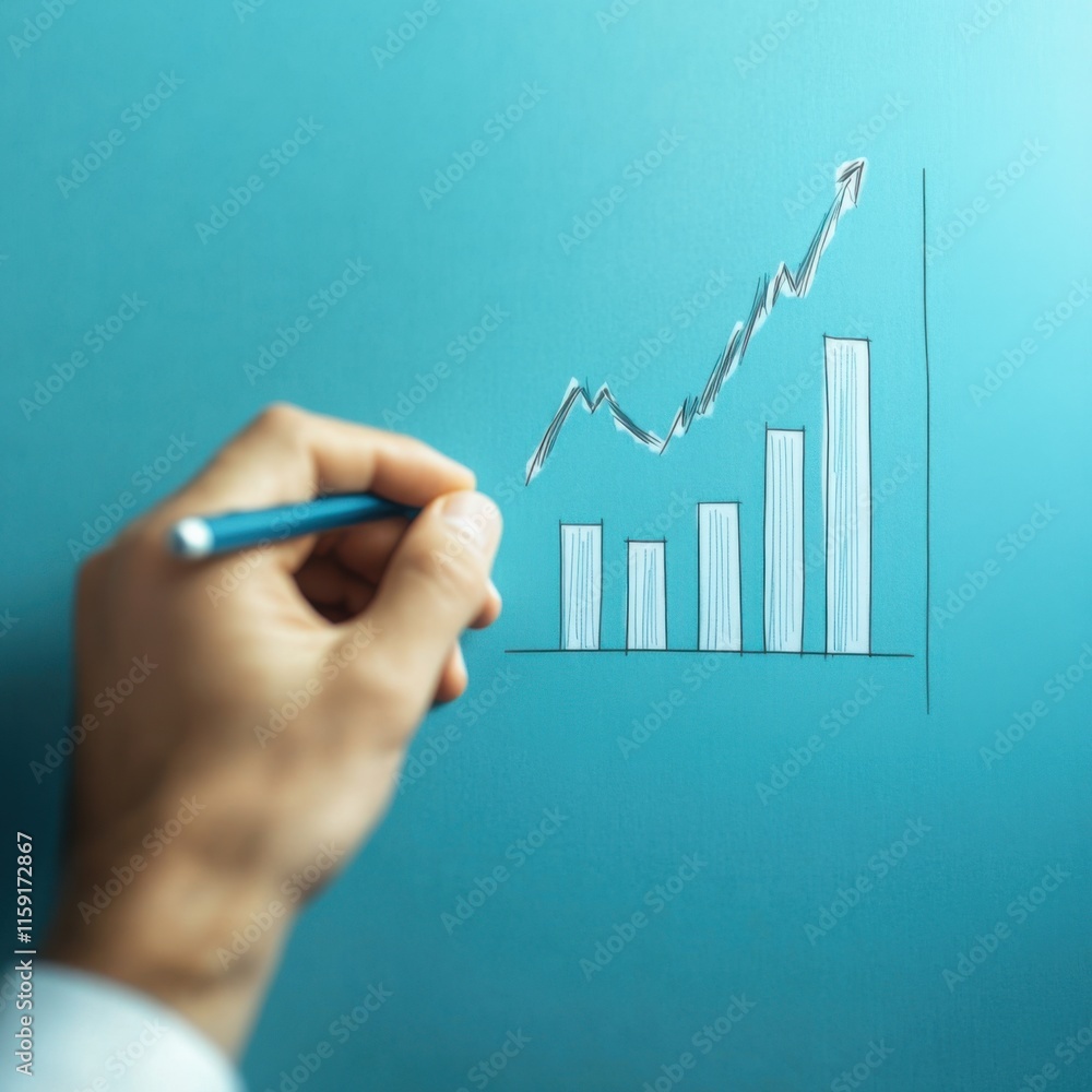 Poster engaging in financial analysis with hand-drawn graph on blue background during a brainstorming sessi