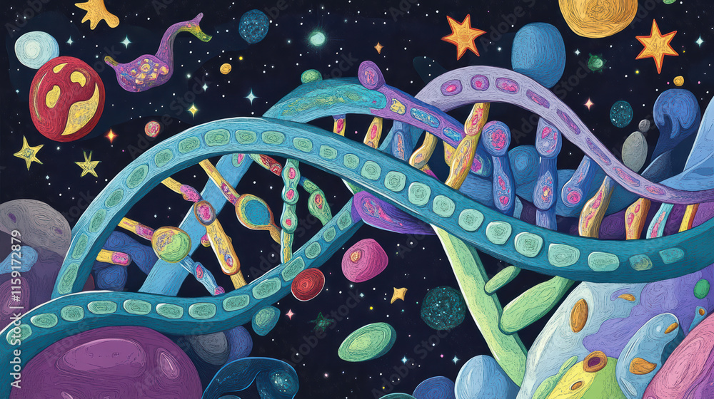 Poster stylized banner showcasing dna molecules in cosmic setting, featuring vibrant colors and abstract sh