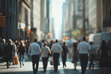 Crowd walking down a busy city street, telephoto lens, realistic daylight. Background AI generated image