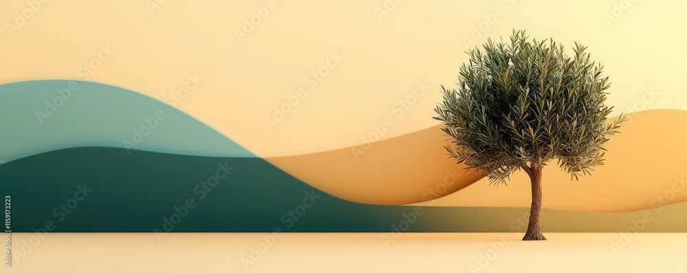 Aufkleber olive tree abstract background concept. a serene illustration of a tree against flowing abstract hil
