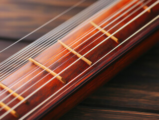 Close up of guzheng with intricate craftsmanship and vibrant strings