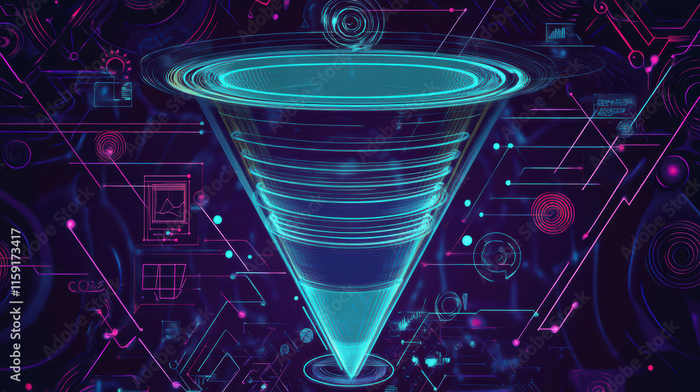 Poster digital marketing funnel illustration with vibrant colors and abstract design, showcasing data flow 