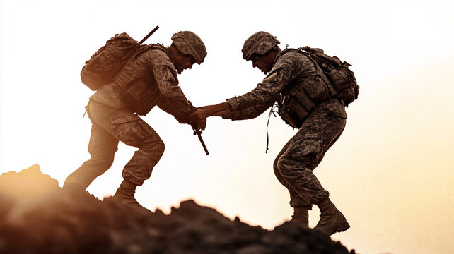 Soldiers helping each other climb rocky terrain at sunset