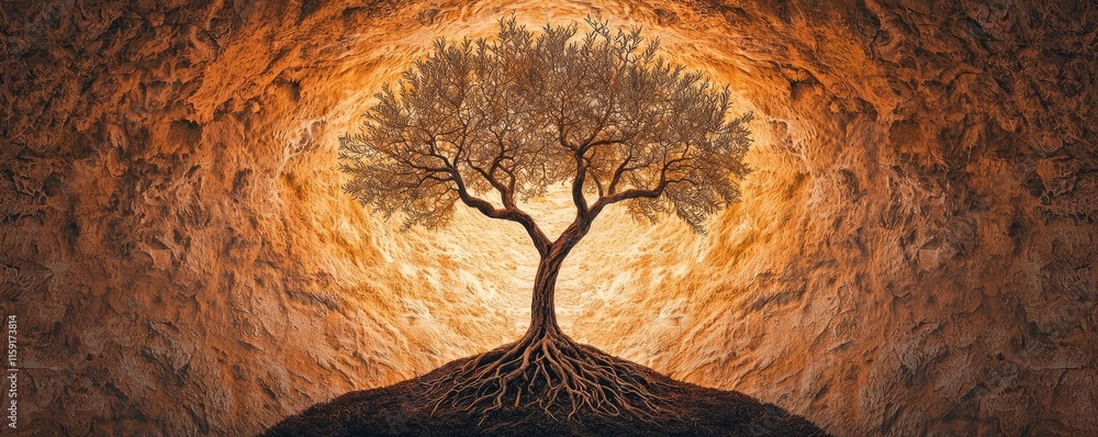 Poster olive tree abstract background concept. a majestic tree illuminated from within, symbolizing life an