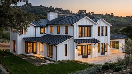 Modern two-story farmhouse with large windows and a dark roof, bathed in warm sunset lighting, blending contemporary design with countryside charm.