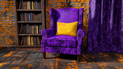 A vibrant purple armchair with a yellow pillow, set against a rustic brick wall and wooden flooring, creating a cozy and inviting atmosphere.