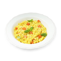 Delicious pumpkin risotto in bowl isolated on white