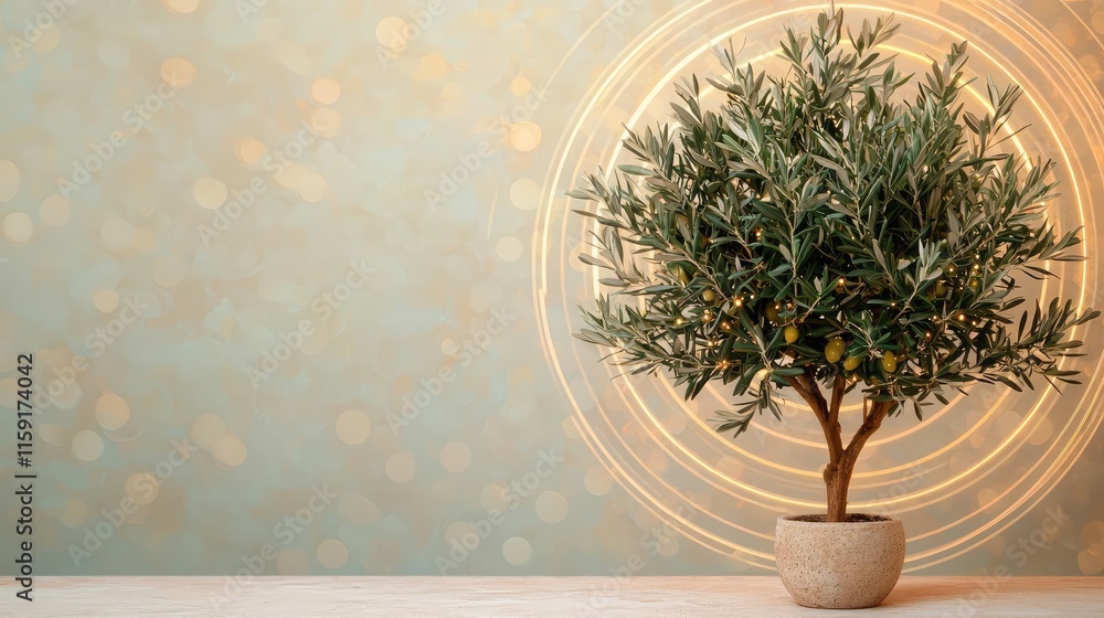 Poster olive tree abstract background concept. a decorative olive tree in a modern pot, creating a calming 