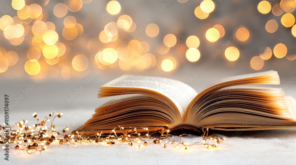Poster open book with bokeh lights and decorative fairy lights in soft focus background
