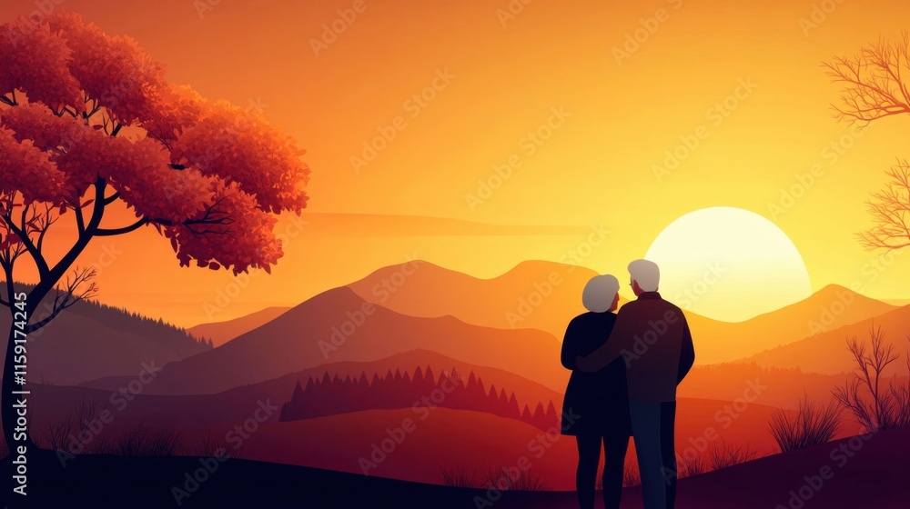 Wall mural Elderly Couple Embracing at Sunset in Serene Mountain Landscape