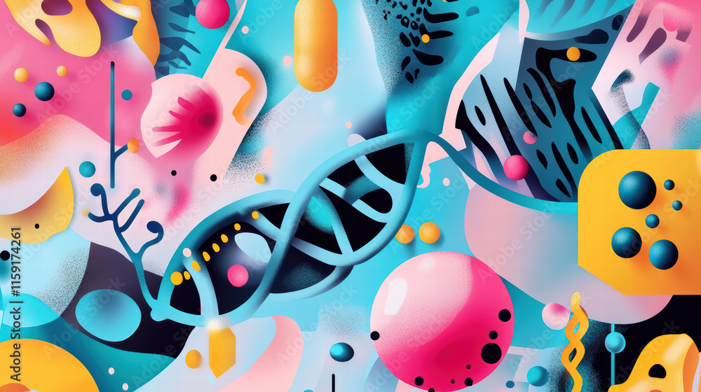 Poster vibrant abstract illustration featuring colorful dna molecules, shapes, and patterns. design combine