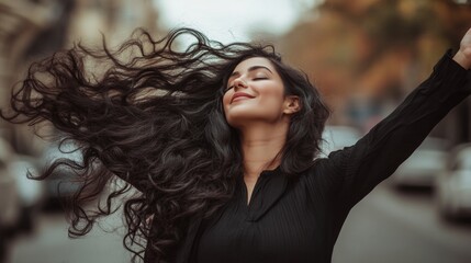 Fototapeta premium A radiant woman revels in a euphoric moment, her flowing hair capturing the breeze as she joyously embraces the vibrant energy of the city streets in autumn.