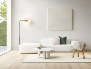 Modern living room design with bright natural light and minimalistic furnishings in a cozy space