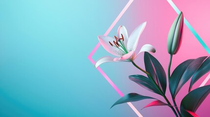 Fototapeta premium Lily leaves abstract background concept. A beautiful lily flower against a vibrant blue and pink background, showcasing elegance.