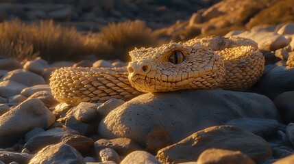 Fototapeta premium Desert Snake With Intricate Scales Resting On Rocky Ground In Soft Evening Light
