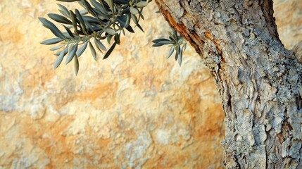 Fototapeta premium Olive tree abstract background concept. Close-up of an olive tree trunk with green leaves against a textured orange background.