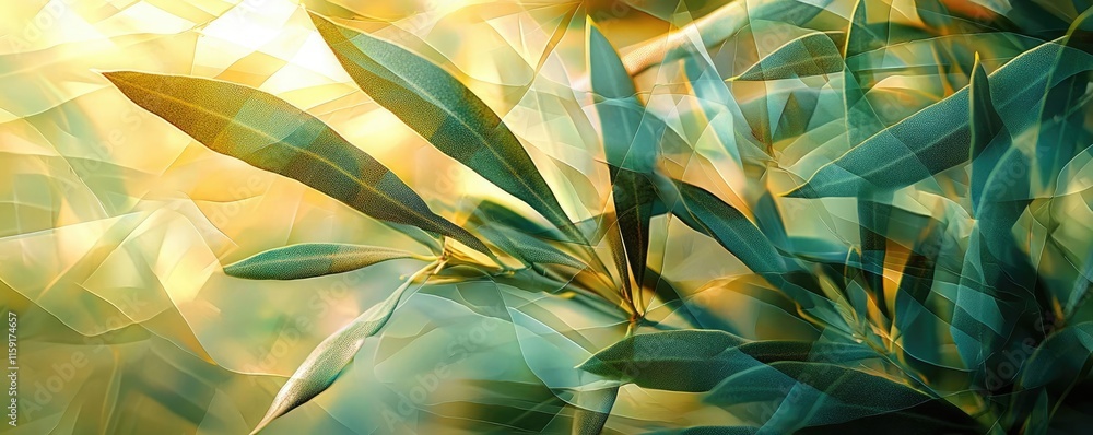 Poster olive tree abstract background concept. vibrant green leaves illuminated by soft sunlight, creating 