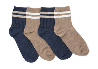 Different soft socks isolated on white, top view