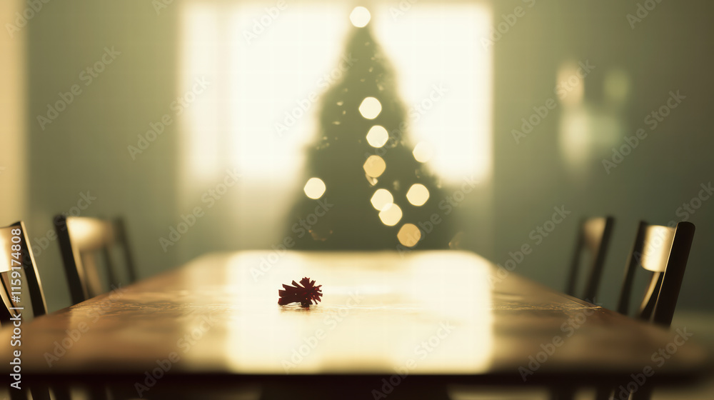 Aufkleber whimsical empty christmas table with distant tree in background, creating warm and inviting atmosphe