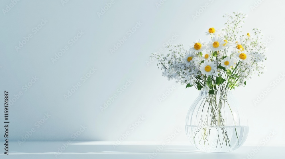 Poster wildflowers in a clear glass vase with copy space for text in a minimalist setting. generative ai