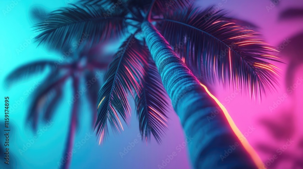 Poster palm tree abstract background idea. vibrant palm trees illuminated by colorful neon lights create a 