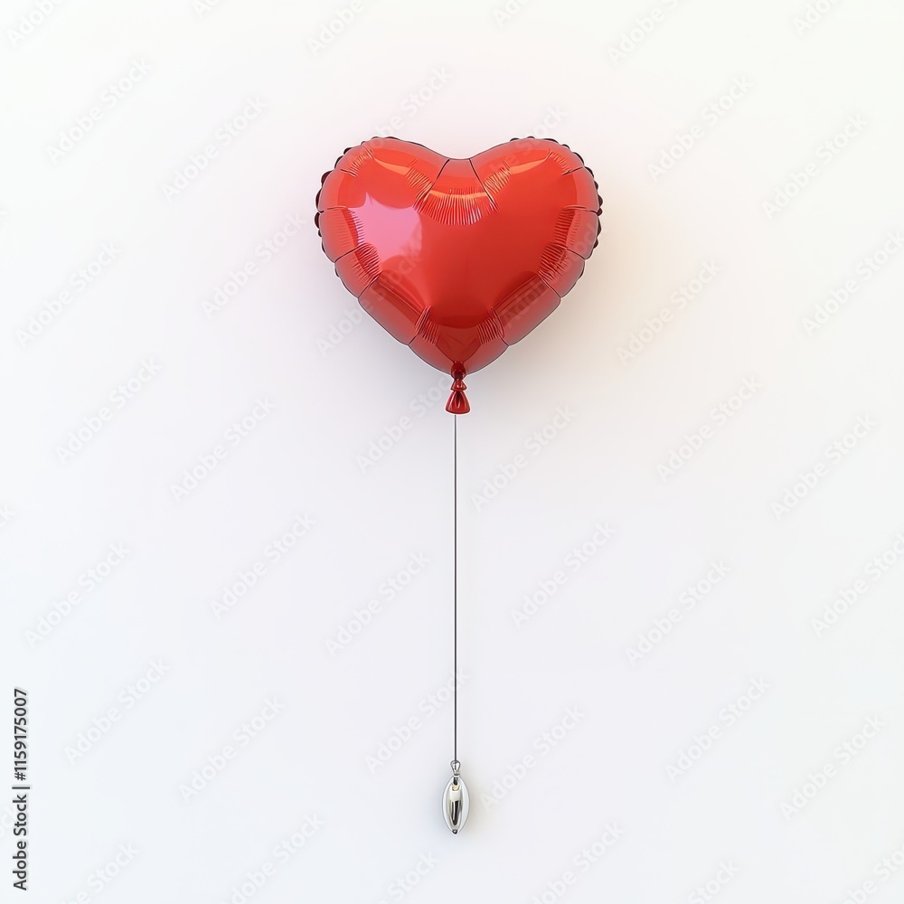 Poster red heart-shaped balloon floating with silver string against a clean white background