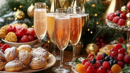 A New YearÃ¢â‚¬â„¢s brunch spread with pastries, fruits, and sparkling drinks