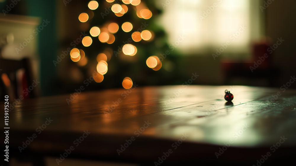 Aufkleber whimsical empty christmas table with single ornament, surrounded by soft bokeh lights from distant t