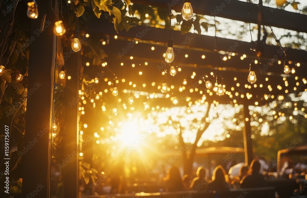 Aufkleber Warm Glow of Sunset Illuminating Outdoor Dining Space with String Lights in Rustic Setting, Creating Cozy and Inviting Atmosphere for Evening Gatherings