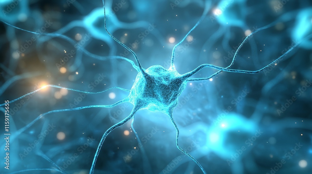 Poster abstract neural network with glowing connections and nodes in soft blue tones