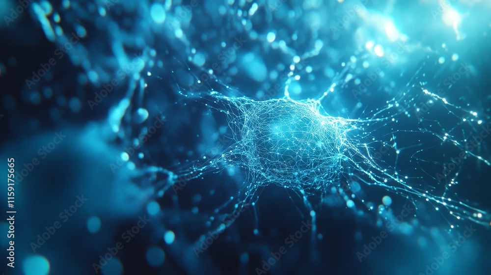 Poster abstract neural network with glowing connections and nodes in soft blue tones