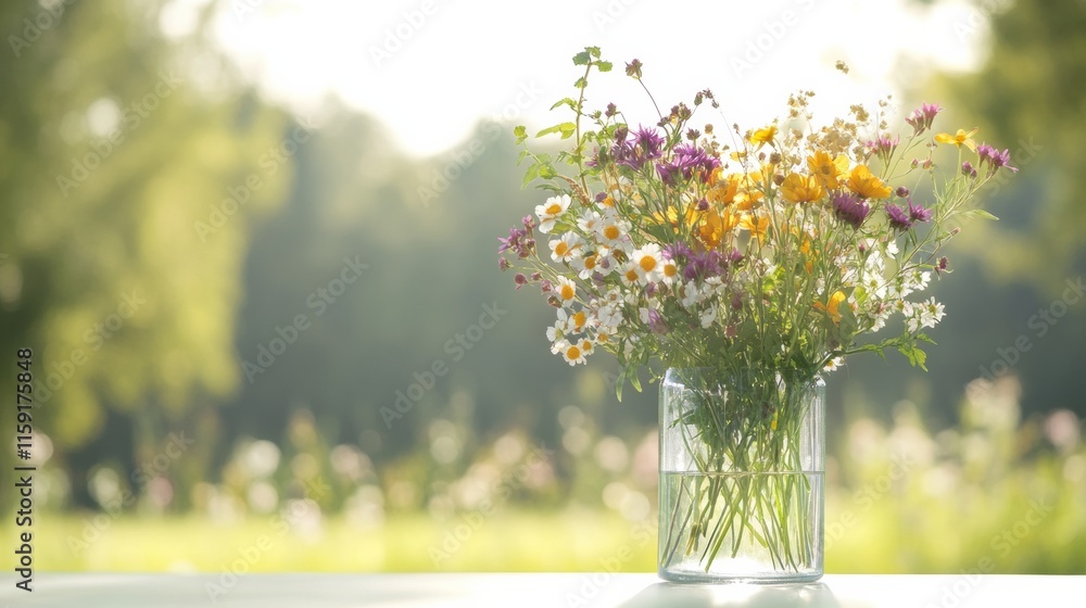 Poster minimalist still life featuring wildflowers in a clear glass vase with natural light and ample copy 