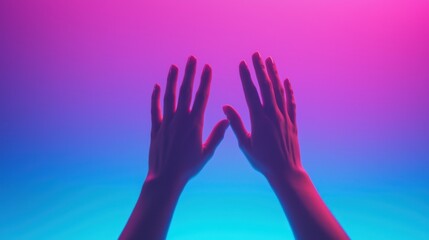 Obraz premium Grammy award concept, A pair of hands reaching upwards against a vibrant gradient background of pink and blue hues.